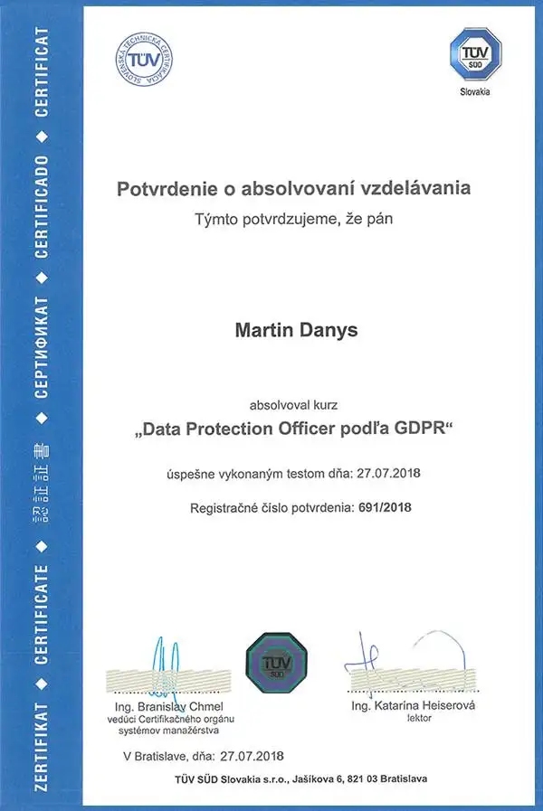 Vypracovanie GDPR projektu certifikát